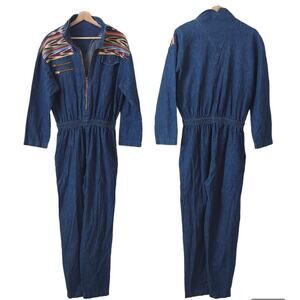 Vintage Denim 80s Jumpsuit Overall Southwestern Print Yoke Western Boho Size 14